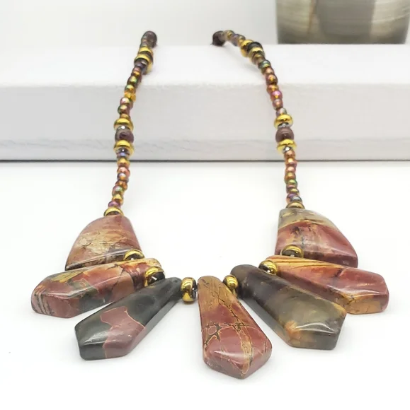 Handmade Red Creek Jasper Stone Bib Style Necklace Iridescent Glass Seed Beads - Picture 7 of 12